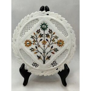 White Marble‎ Inlaid Plate, Pietra Dura Marble Trivet Indian  Bohemian Decor